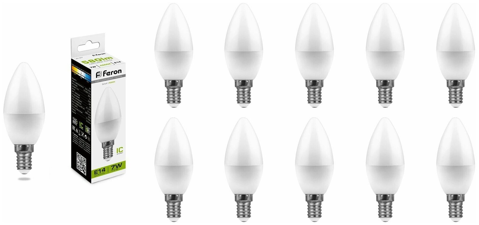 Лампочка светодиодная Feron 7W=70W 230V E14 Свеча C37 580Лм Ra>80 4000К, упаковка 10шт.