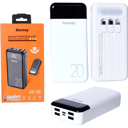 Power bank Bunsey BY-19 20000mAh Type-C/Micro/LED Display/LED-фонарик, белый