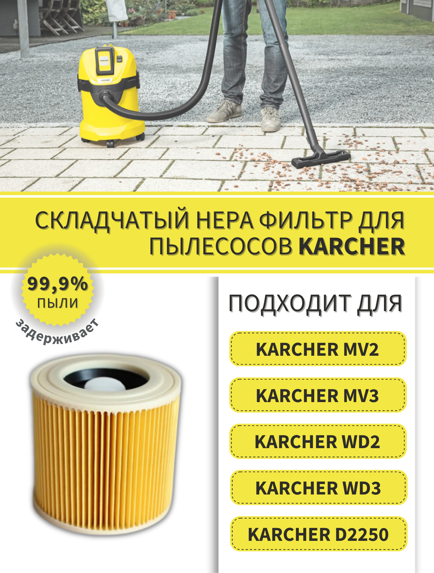 Фильтр для пылесосов Karcher WD3, WD2, D2250, MV2, MV3, 6.414-552.0 для SE, WD