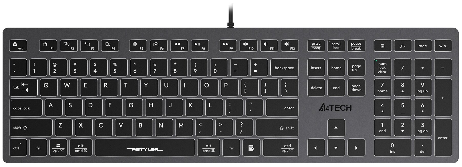 Клавиатура A4TECH Fstyler FX60, USB, серый [fx60 grey / white]