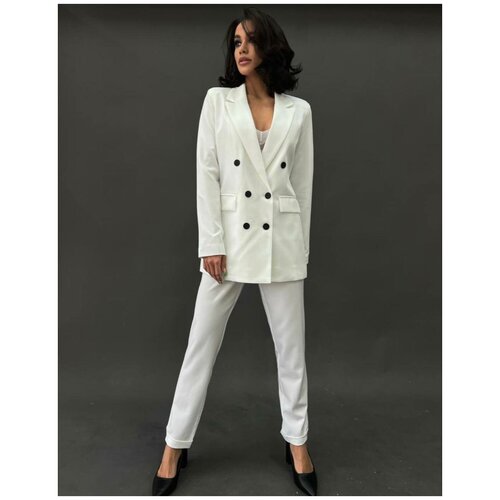 фото Костюм blazer, жакет и брюки, классический стиль, полуприлегающий силуэт, пояс на резинке, размер 44, белый