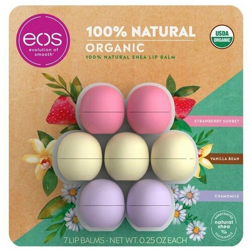 EOS бальзам для губ 7шт, набор (Strawberry Sorbet, Vanilla Bean  Chamomile)