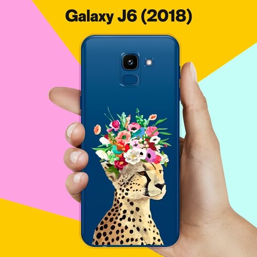 чехол книжка на samsung galaxy j6 2018 самсунг джей 6 плюс c принтом подглядывающий леопард золотистый Силиконовый чехол Леопард на Samsung Galaxy J6 (2018)