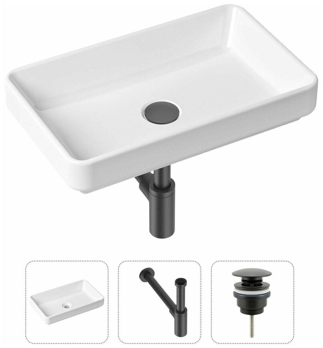 Комплект 3 в 1 Lavinia Boho Bathroom Sink 21520116: накладная фарфоровая раковина 55 см, металлический сифон, донный клапан