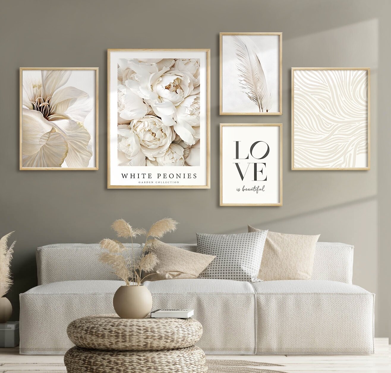 Набор постеров "Белые пионы цветы" без рамки 5 шт в тубусе / Картины для интерьера / Плакаты / Постеры на стену
