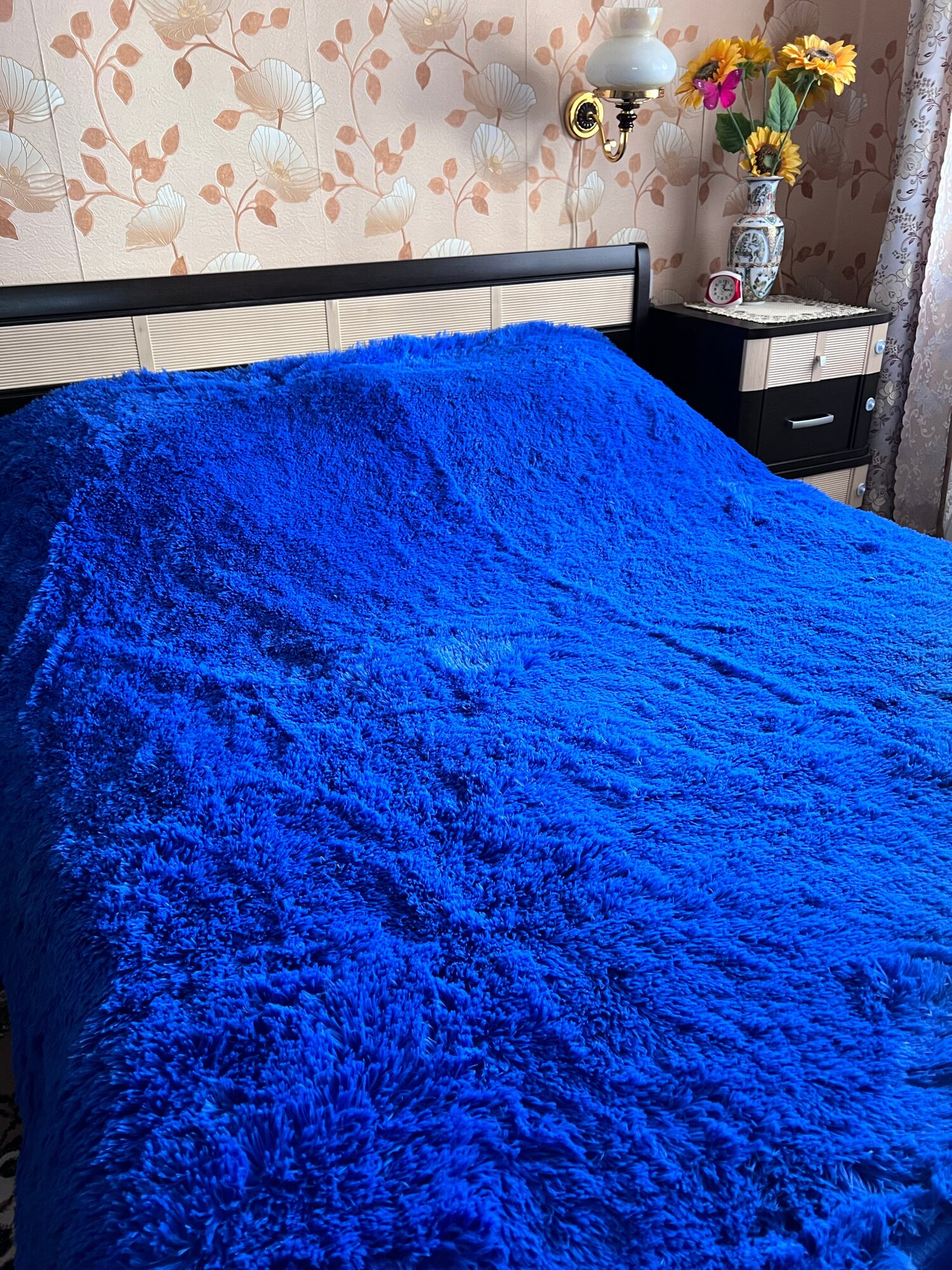 Плед пушистый на диван кровать Евро 200х220 травка мех / синий - фотография № 1