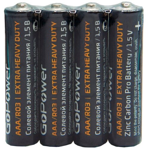 Мизинчиковые батарейки R03 AAA Shrink 4 Heavy Duty солевой 1.5V, 4шт, GoPower