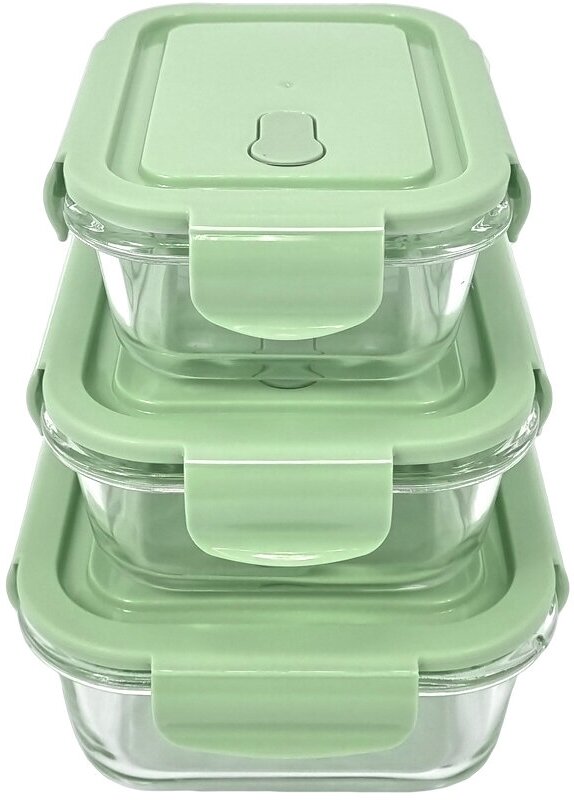 Набор стеклянных контейнеров для еды и хранения продуктов, с герметичной крышкой, 3 шт.: 400 мл, 600 мл, 1000 мл, зеленые - фотография № 3