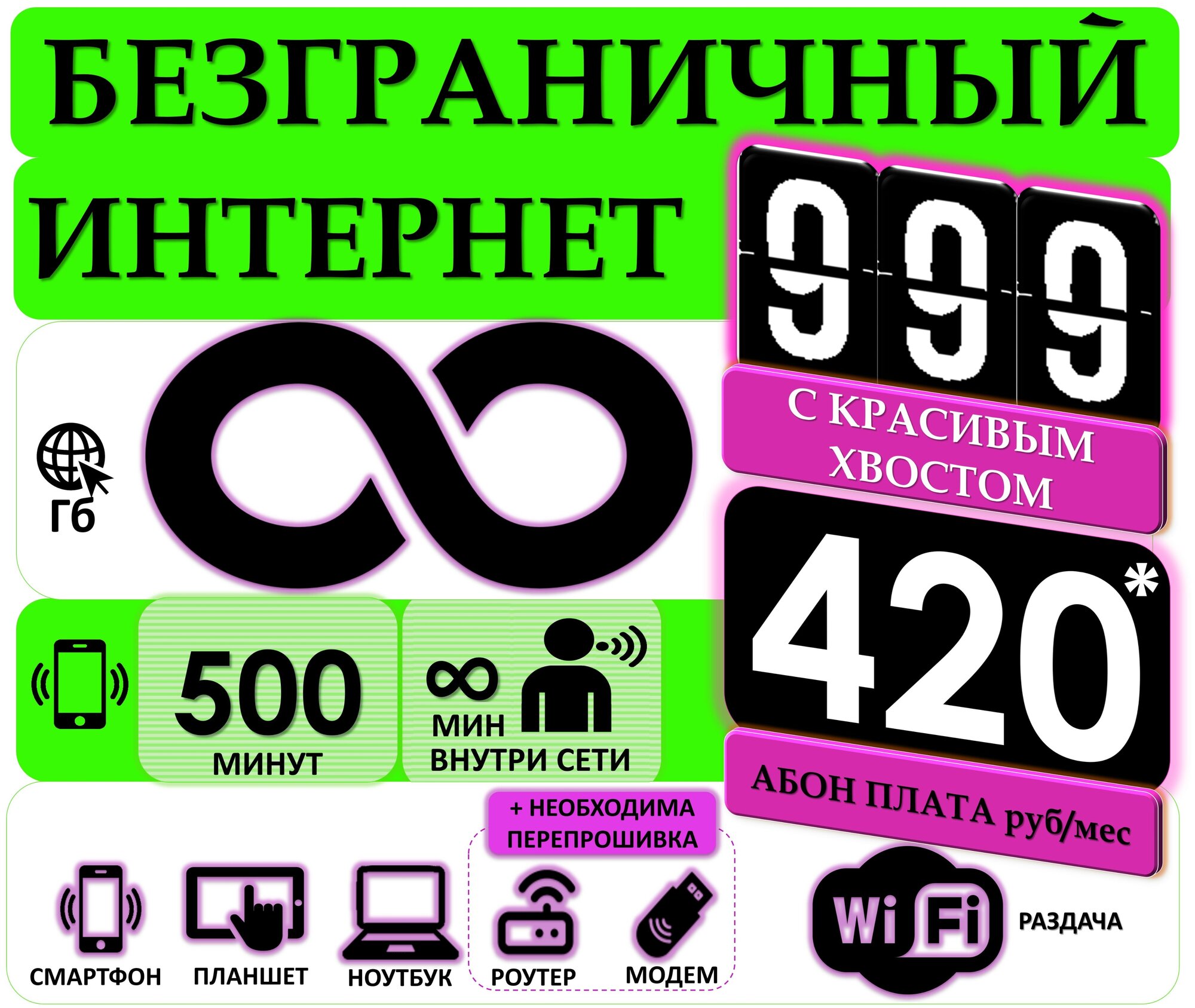 СИМ карта с Раздачей Безлимитного интернета и Красивым номером с хвостом 999 Абон. плата за тариф 420руб/мес 500мин.