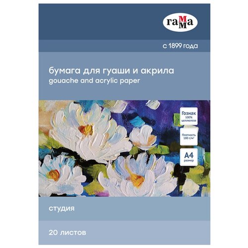 Папка для гуаши и акрила ГАММА Студия 29.7 х 21 см (A4), 180 г/м², 20 л. белый A4 21 см 29.7 см 180 г/м²