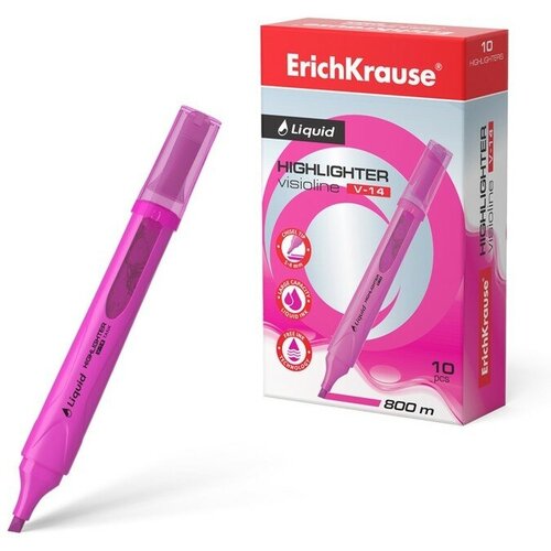 Маркер текстовыделитель ErichKrause Liquid Visioline V-14 Neon, 0.6-4.0 мм, жидкие чернила на водной основе, розовый(10 шт.)