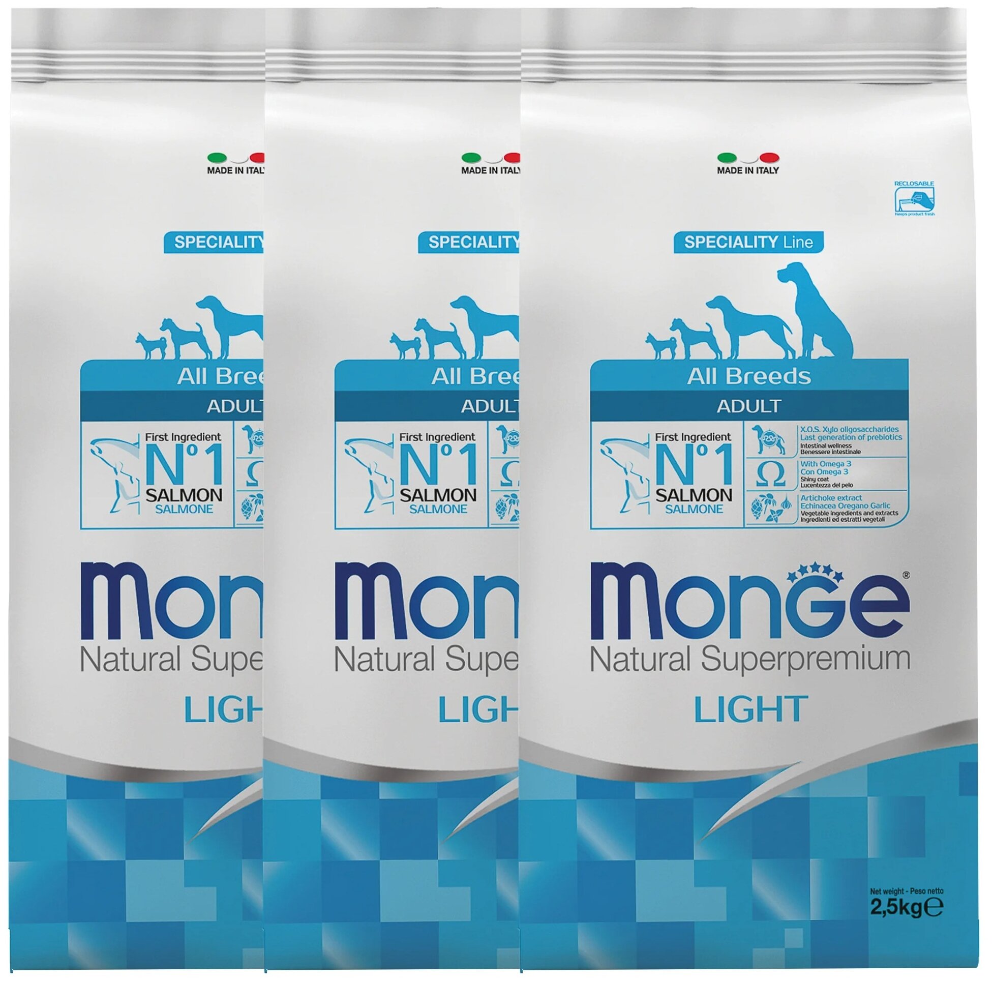 Monge Dog Speciality Light корм для собак всех пород низкокалорийный лосось с рисом 2,5 кг х 3 шт.