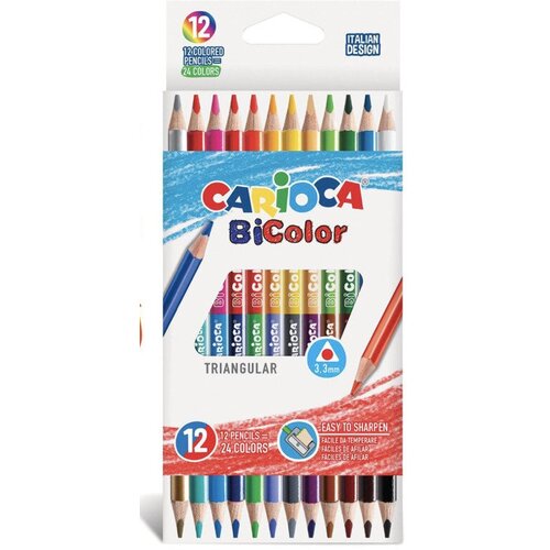 Карандаши 24 цвета двусторонние Carioca BiCOLOR, 3.3 мм, трёхгранные, деревянные, картон, европодвес