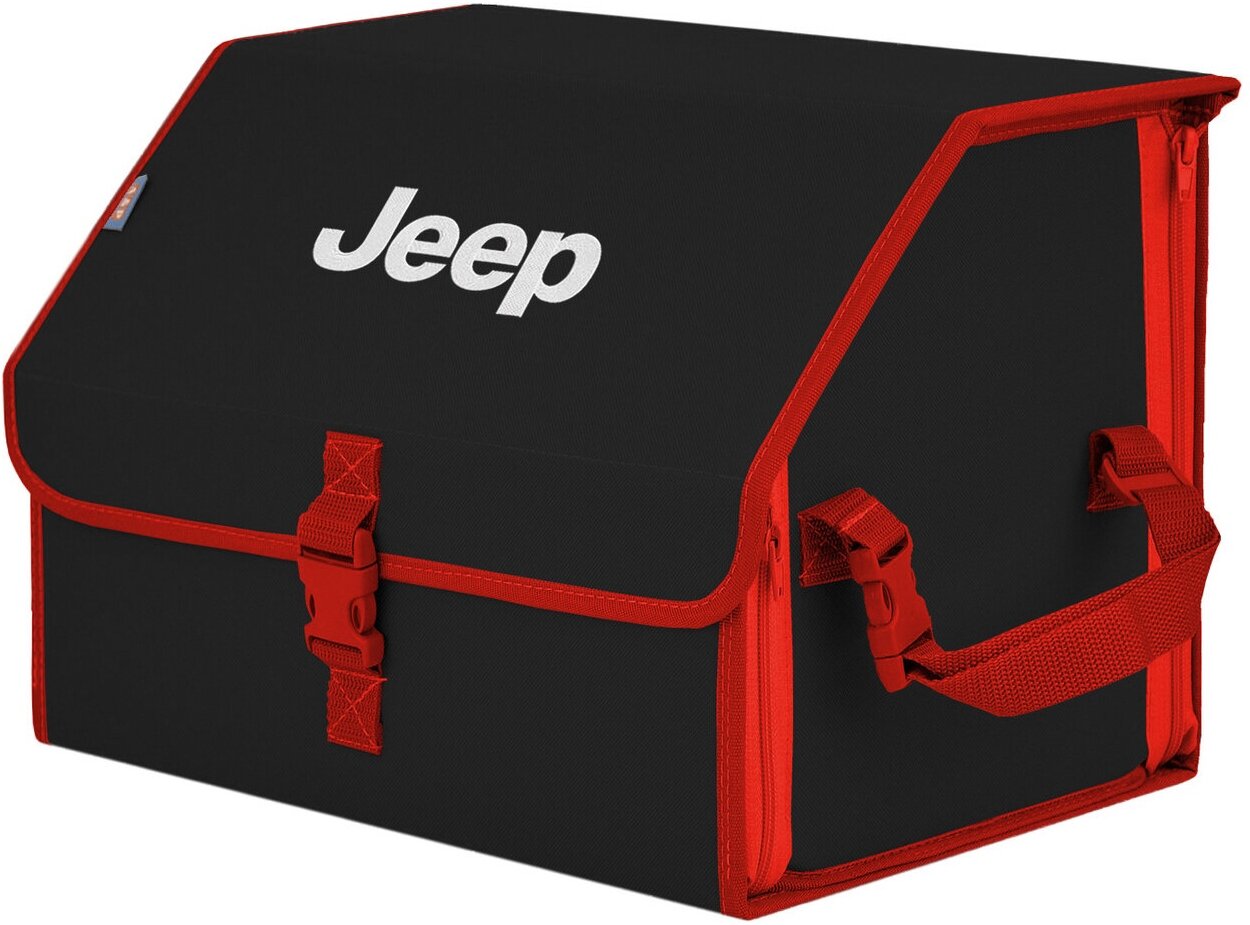 Органайзер-саквояж в багажник "Союз" (размер M). Цвет: черный с красной окантовкой и вышивкой Jeep (Джип).