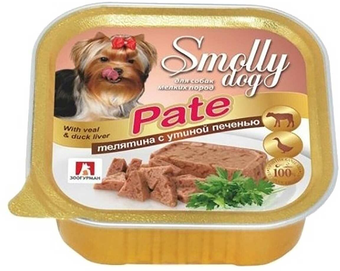 Консервы zoogurman для собак мелких пород телятина и утиная печень ламистер smolly dog pate 100г