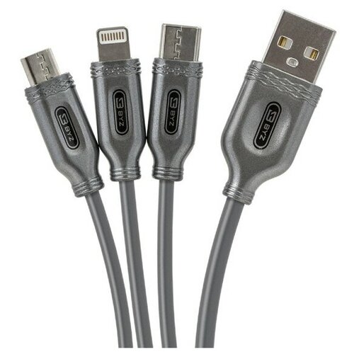 Кабель 3 в 1 BYZ BL-699 , USB - microUSB/Lightning/Type-C, 3.1 А, 1.2 м, серебристый кабель telecom usb 3 1 type c usb 3 1 type c tc420s 1 м серебристый