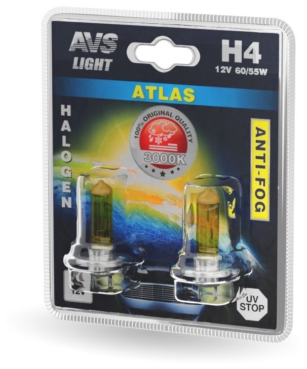 Лампа галогенная AVS ATLAS ANTI-FOG / желтый H4.12V.60/55W (блистер, 2 шт.)