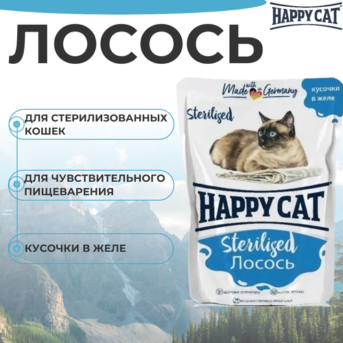 Паучи Happy Cat Sterilised для стерилизованных кошек кусочки в желе с лососем 85гр