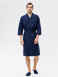 Мужской укороченный вафельный халат с планкой, темно-синий. Размер: 54-56