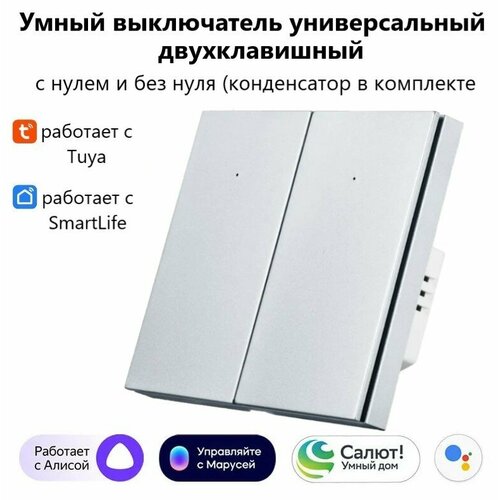 Умный выключатель Tuya с Алисой WI FI, Bluetooth с двумя клавишами светло-серый матовый универсальный с конденсатором в комплекте умный выключатель tuya с алисой wi fi bluetooth с одной клавишей белый матовый универсальный с конденсатором в комплекте