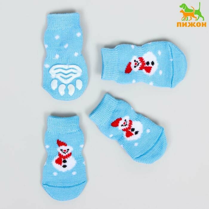 Носки для собак Пижон нескользящие "Снеговики", M, 3-4х7 см, набор 4 шт, голубые