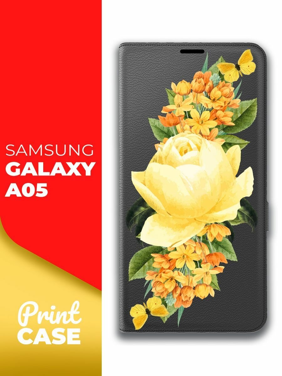 Чехол на Samsung Galaxy A05 (Самсунг Галакси А05) черный книжка эко-кожа подставка отделение для карт магнит Book case Miuko (принт) Желтые Розы