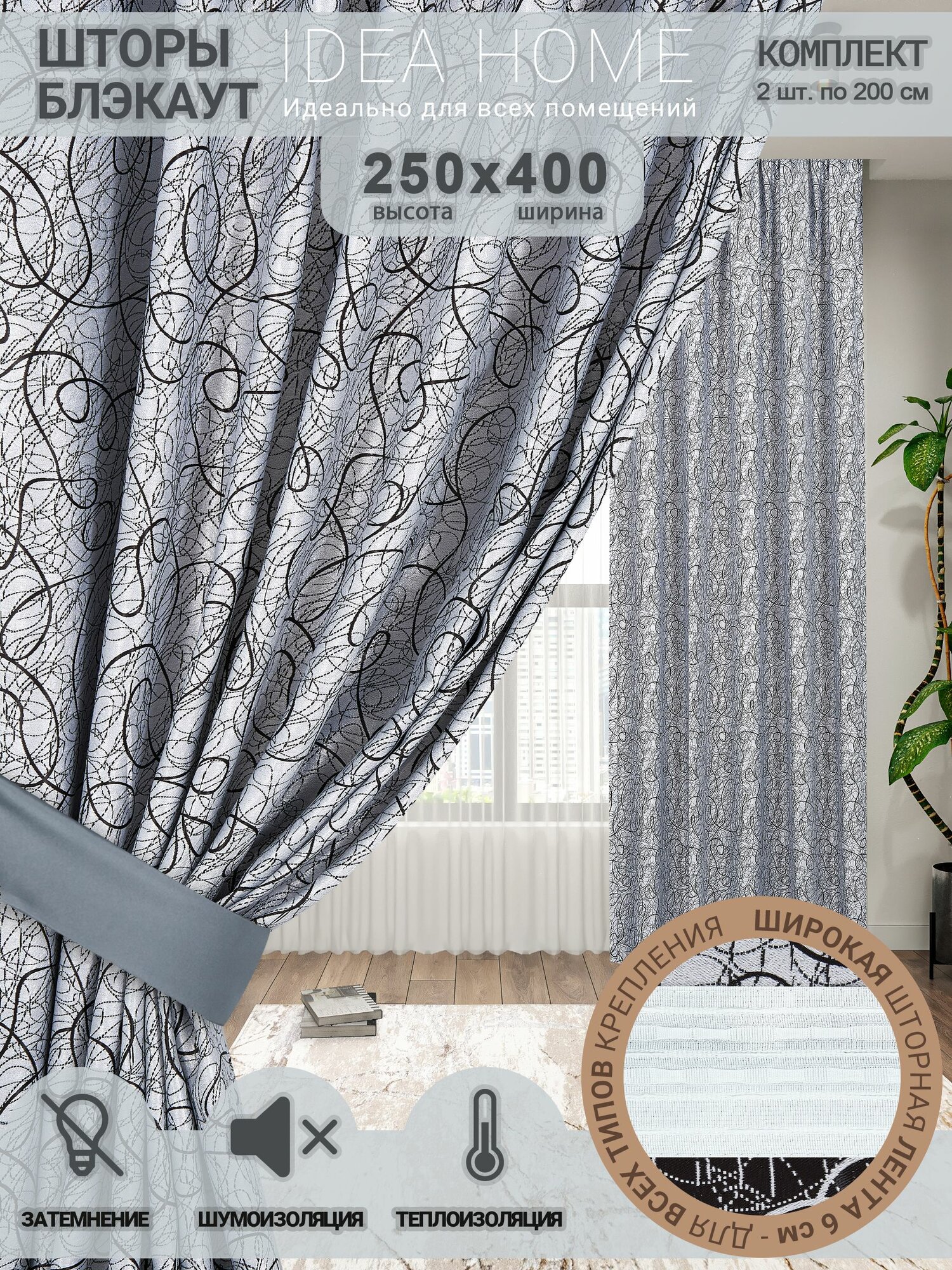 Комплект штор из 2 шт по 200 см блэкаут/ blackout IDEA HOME светозащитные для комнаты , кухни , спальни , гостиной и дачи 400*250 см , узор белый, паутинка