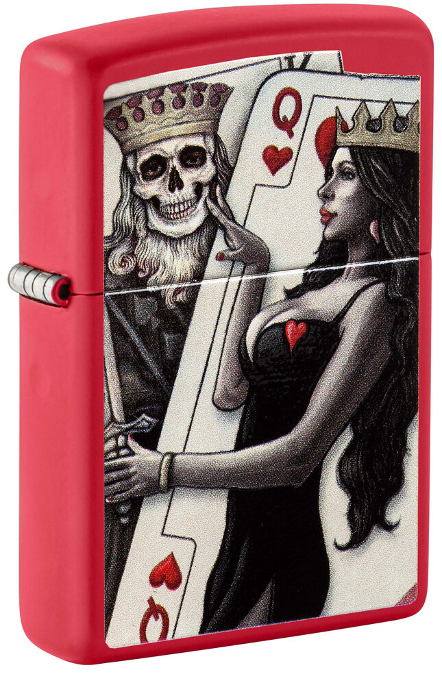 Оригинальная бензиновая зажигалка ZIPPO Skull King Queen Beauty с покрытием Red Matte, латунь/сталь, красная, 38x13x57 мм, не заправленная