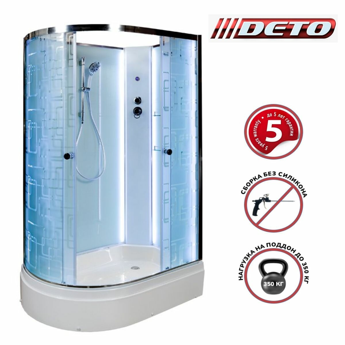 фото Душевая кабина Deto EM2712RN (120x80x210) LED, средний поддон, стекло узорчатое, правая