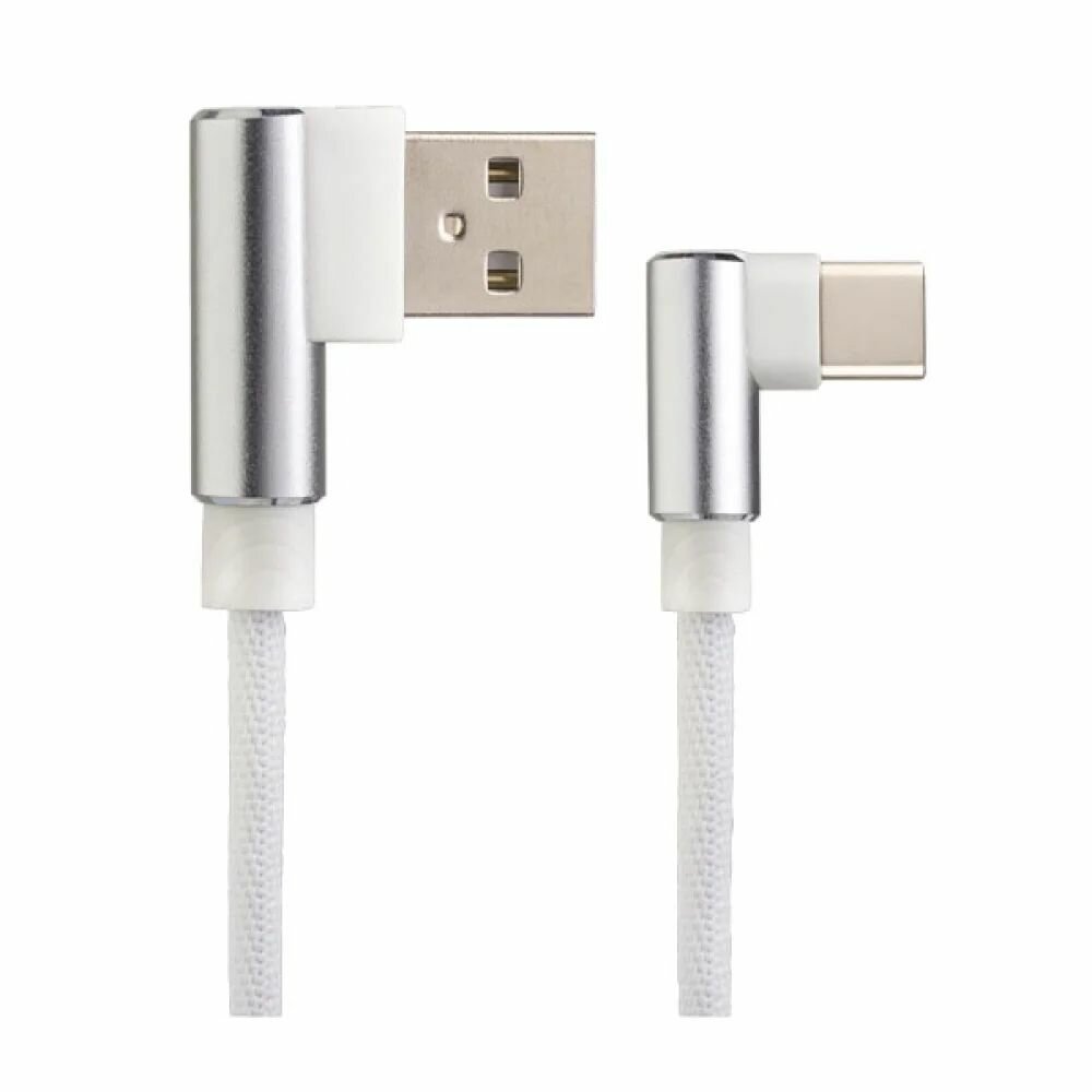 Кабель для зарядки телефона смартфона USB Type-C, тканевая оплетка, угловой разъем, 1 метр, Perfeo (U4905) белый