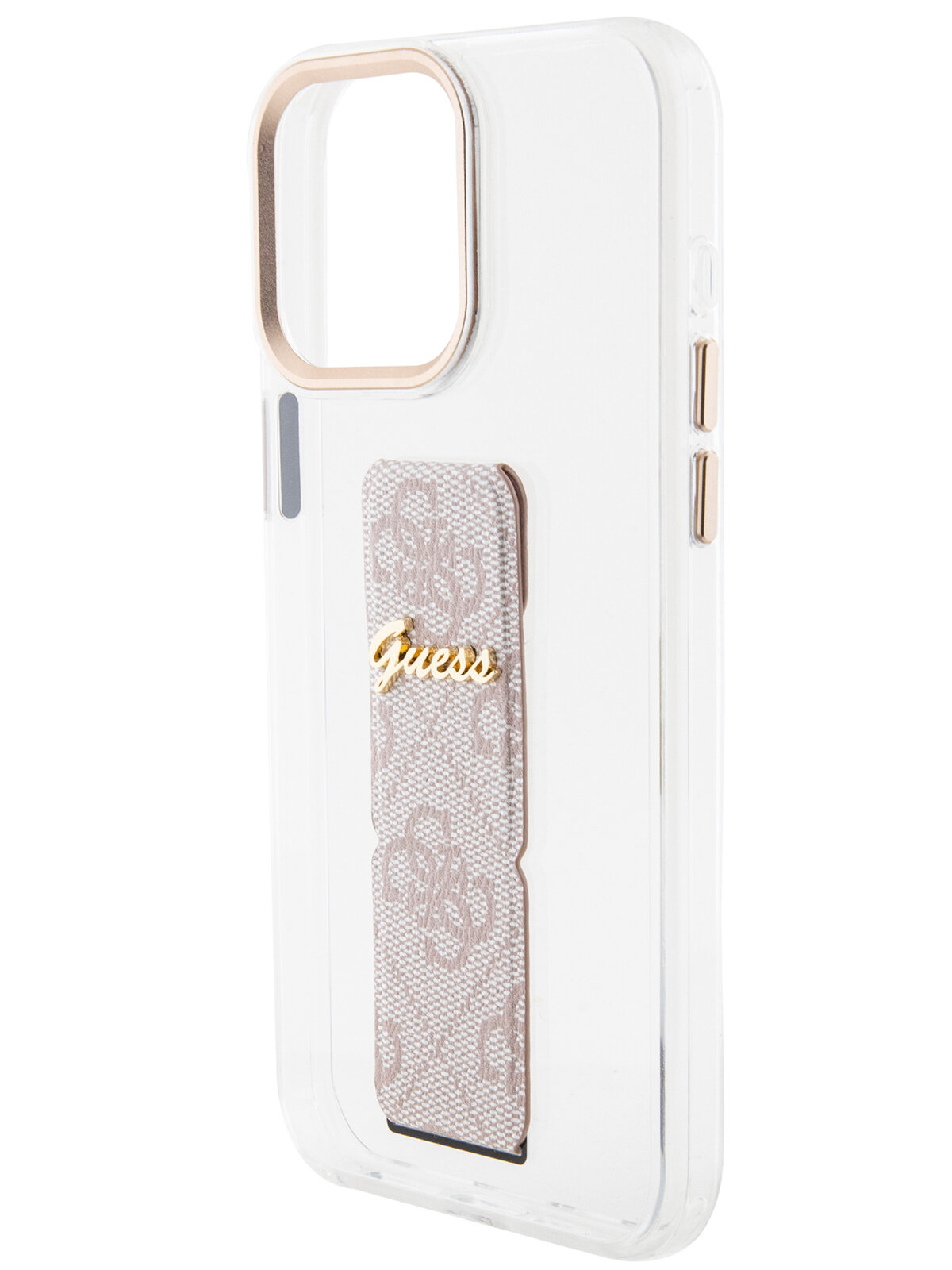 Guess для iPhone 15 Pro Max чехол GripStand PC/TPU 4G with Script metal logo Hard Clear/Pink