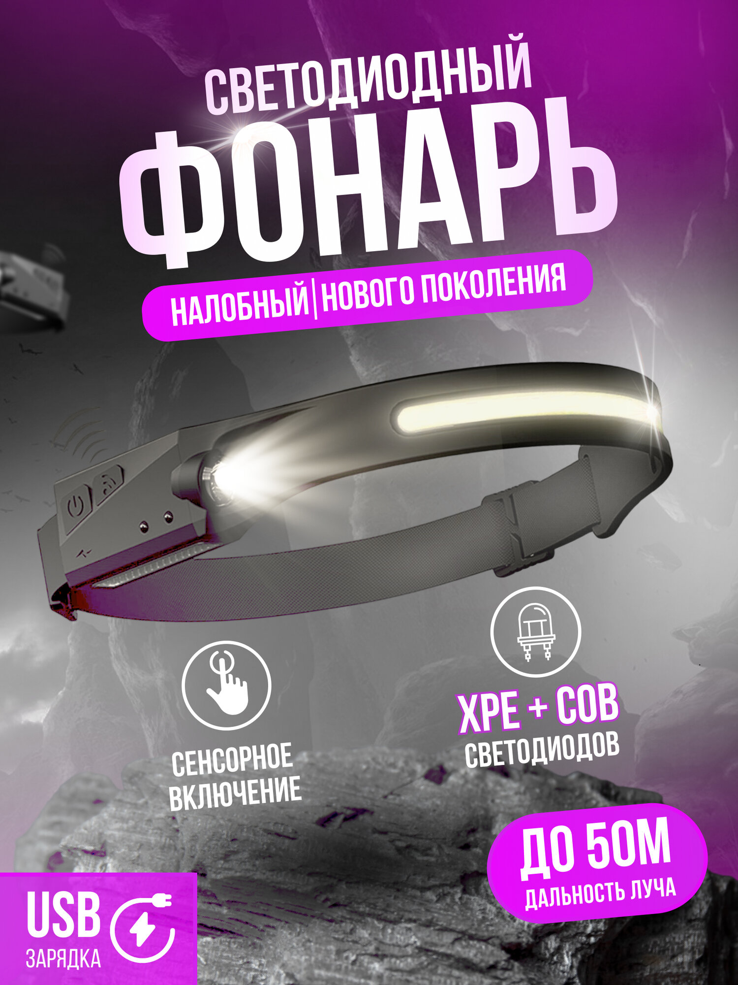 Фонарь налобный светодиодный аккумуляторный мощный LED Дом и Радости