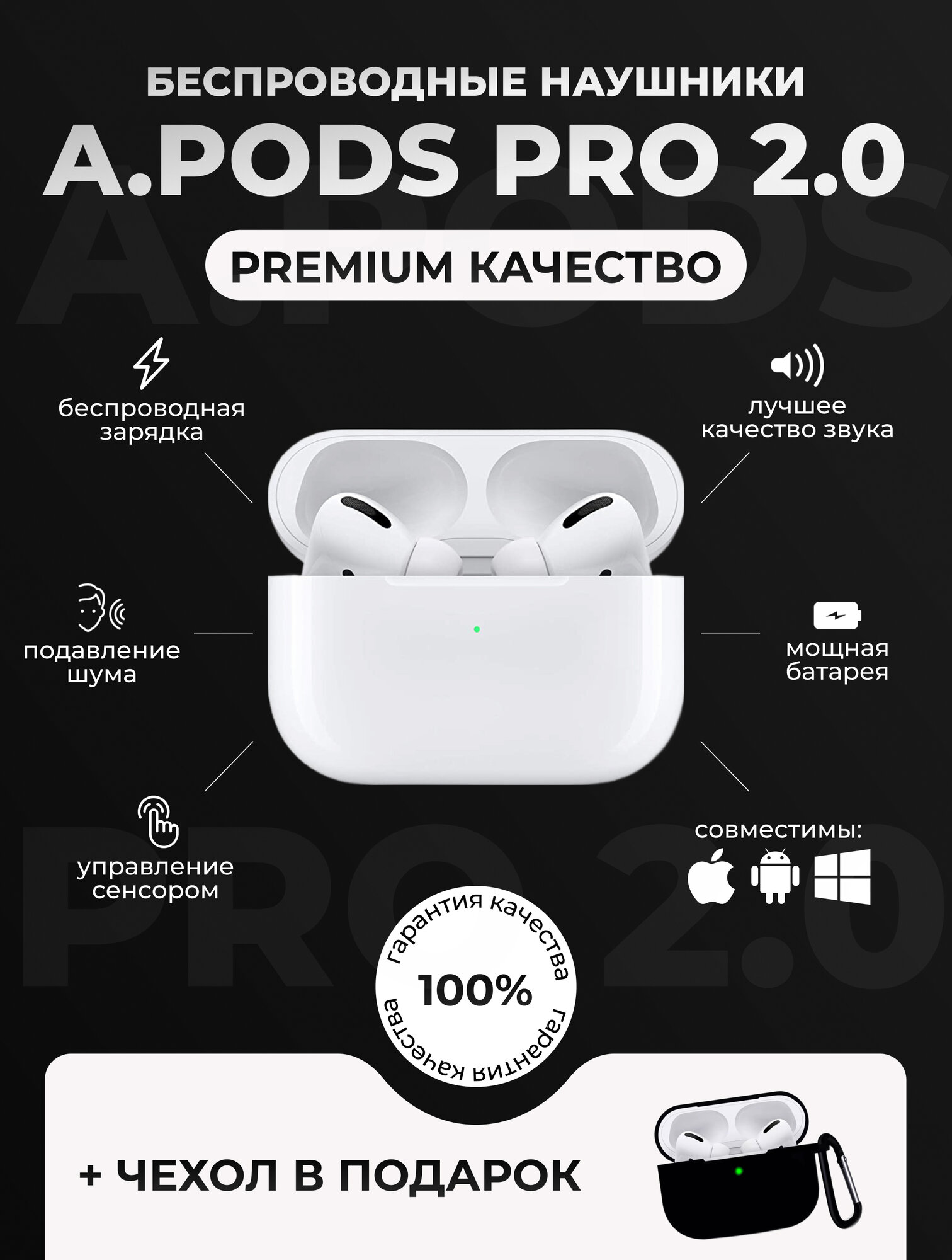 Беспроводные наушники A Pods PRO 2 с шумоподавлением для iPhone и Android, белые эирподс
