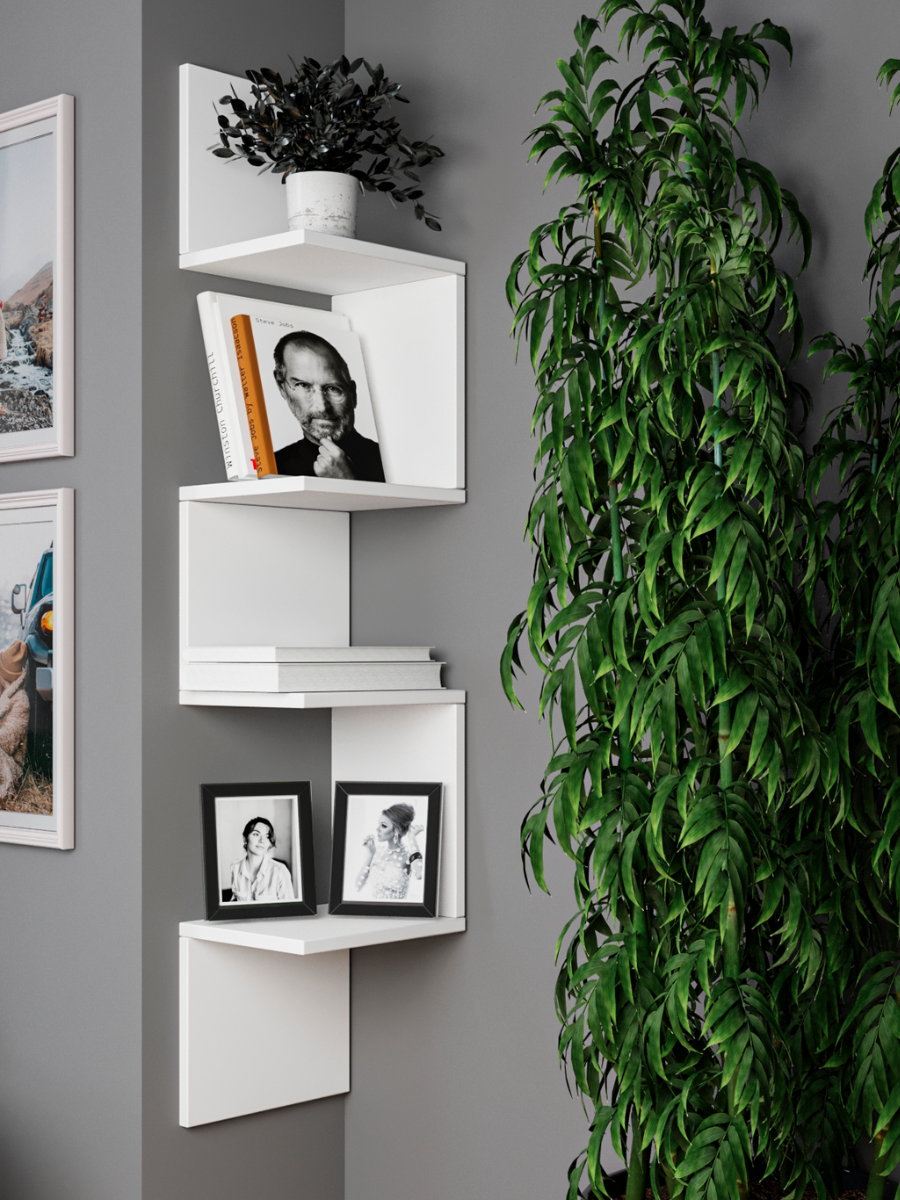 фото Полка настенная угловая навесная белая для книг и цветов / для ванны / в комнату/ на кухню / полка книжная