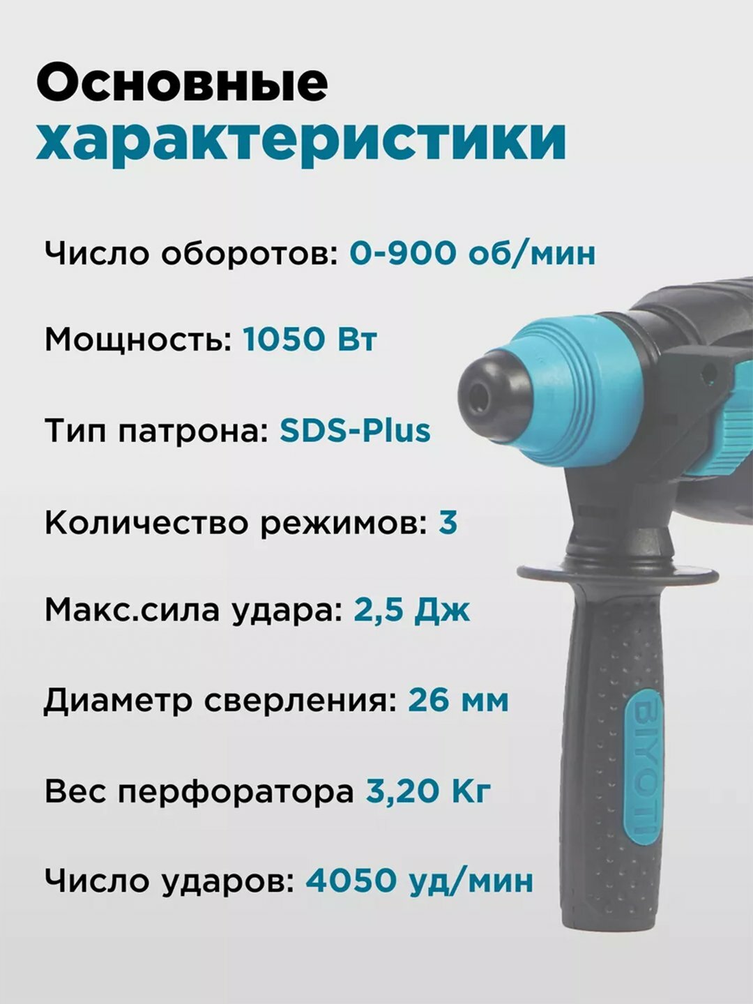 Перфоратор Biyoti BYT-2601, мощность 1050Вт, патрон SDS-Plus, упаковка прочный чемодан — фото 1