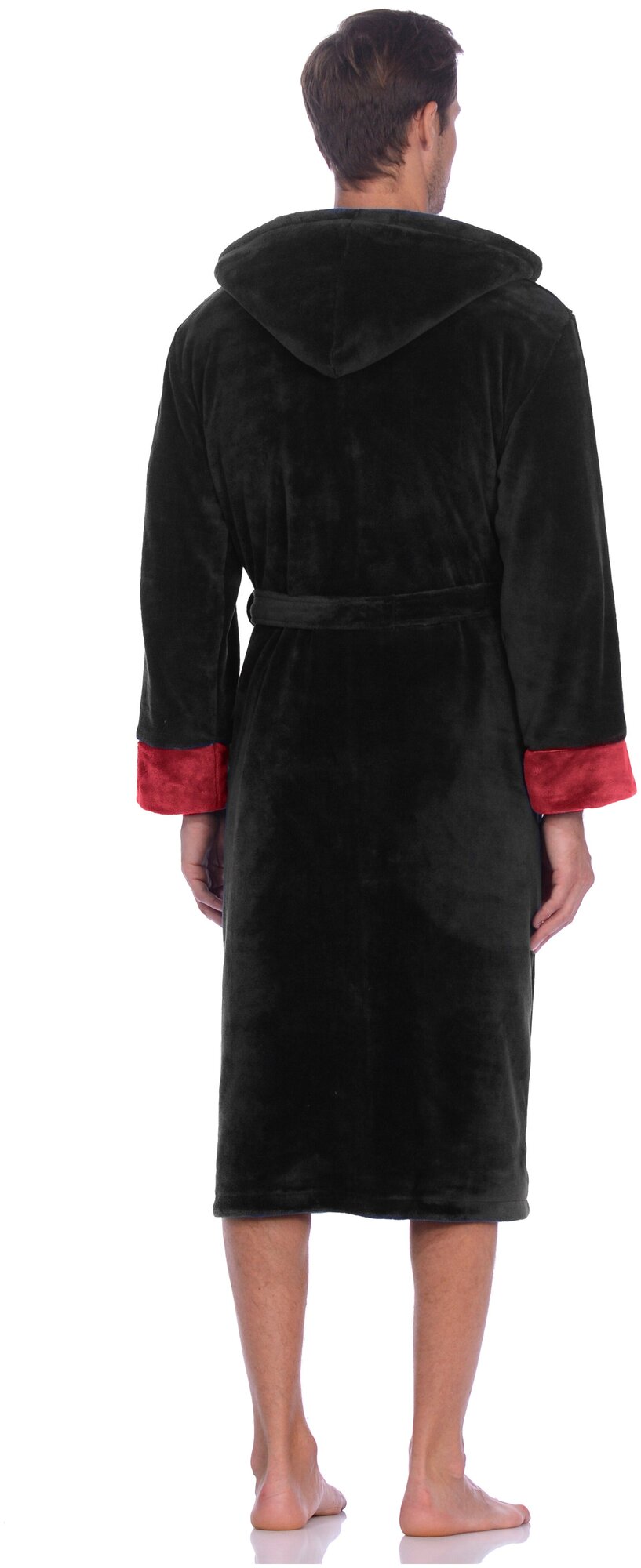 Халат мужской домашний банный, длинный на запах с поясом, вышивкой, капюшоном для бани, душа S-family цвет черно-красный размер 50/52 - фотография № 2