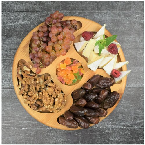 Менажница деревянная, круглая, 5 ячейки/ Тарелка для орехов, сыра, фруктов/ Блюдо для нарезки