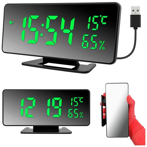 Часы электронные настольные с будильником, термометром и гигрометром (пр-103239) зелёная подсветка