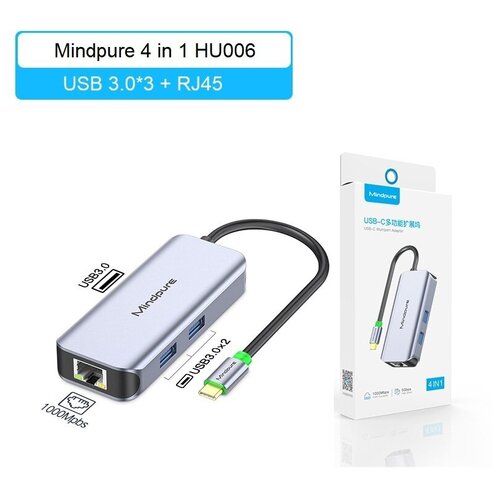 USB-концентратор Хаб Hub 4 в 1 Type-C - USB3.0х3, RJ45 Mindpure HU006. usb концентратор хаб hub 4 в 1 type c usb3 0х3 rj45 mindpure hu006