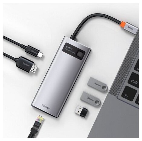 USB-концентратор Хаб Hub Baseus Metal Gleam Series 6 в 1 CAHUB-CW0G Space Grey Type-CPD HDMI RJ45 3xUSB 30