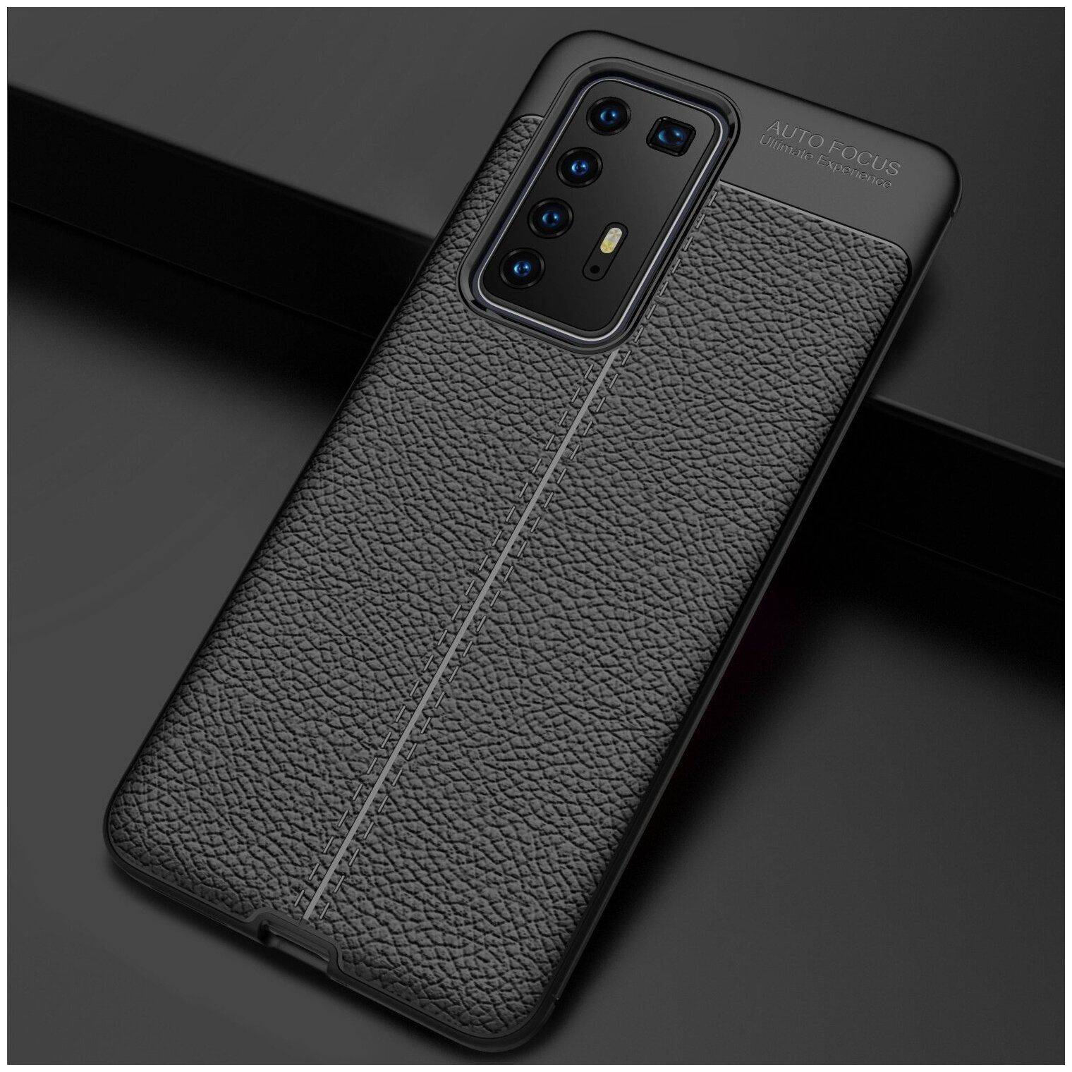 Чехол MyPads для Huawei P40 Pro из качественного износостойкого силикона с декоративным дизайном под кожу с тиснением черный