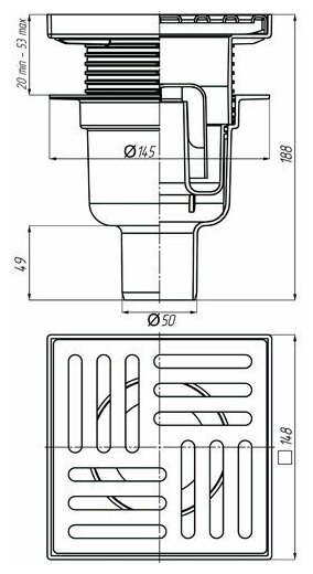 Трап вертикальный выпуск 50, регулируемый, решетка 15x15 нержавеющий Ани пласт TA5712 - фотография № 4