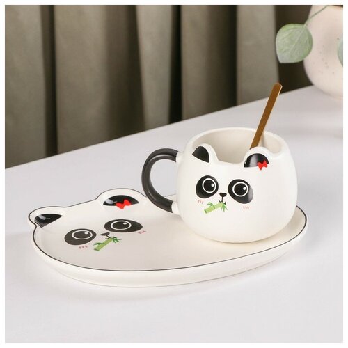 --- Чайная пара с ложкой "Панда", 180 мл, блюдце 19,5×14,5 см, рисунок микс