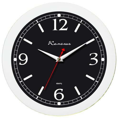 Часы настенные пластиковые круглые Камелия Черное в белом арт.4231