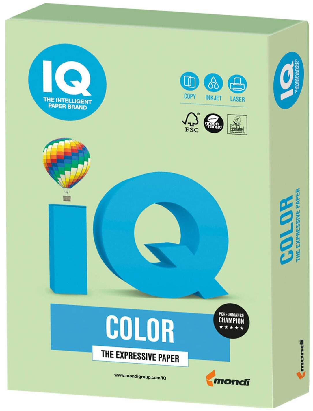 Бумага цветная IQ color, А4, 160 г/м2, 250 л., пастель, зеленая, MG28
