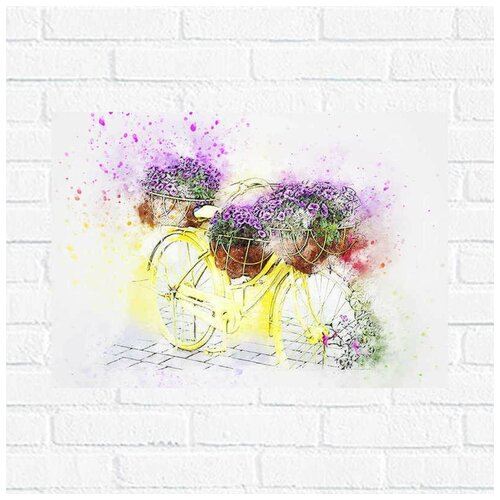 фото Постер велосипед цветы искусство, 30x40 см, бумага вау холст