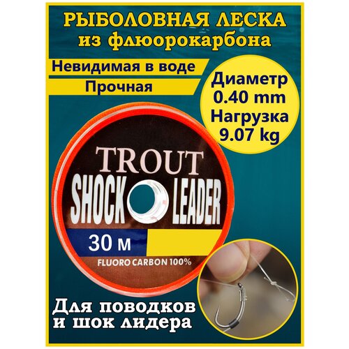 фото Леска рыболовная флюорокарбоновая trout shock leader,флюрокарбон для рыбалки,леска для поводков 30м, 0.22мм 100 сто крюков