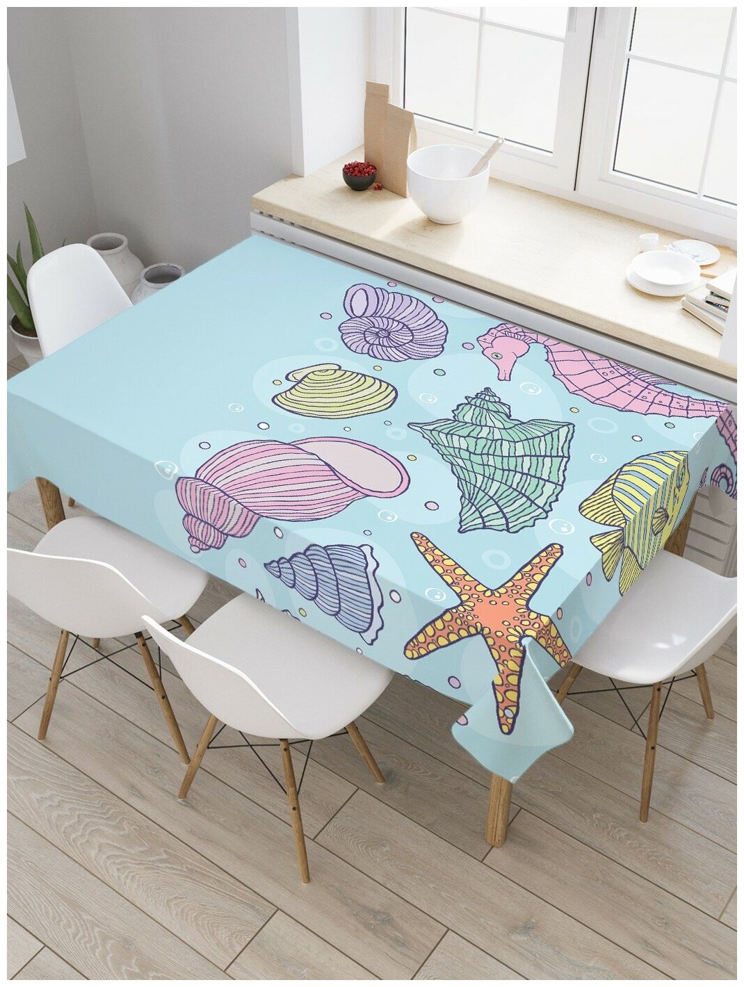 Прямоугольная водоотталкивающая тканевая скатерть на стол JoyArty с рисунком "Разноцветное морское дно" 145 на 180 смголубой, розовый, желтый