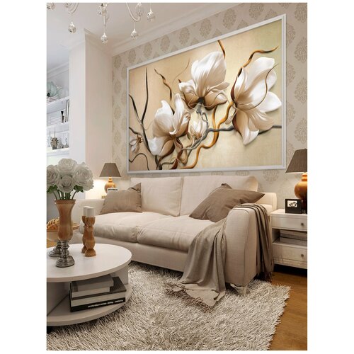 фото Фотообои крупные дизайнерские 3d цветы на бежевом фоне/ красивые уютные обои на стену в интерьер комнаты/ 3д расширяющие пространство над кроватью или над столом/ на кухню в спальню детскую зал гостиную прихожую/ размер 200х129см/ флизелиновые топ фотообои,топ фотообои