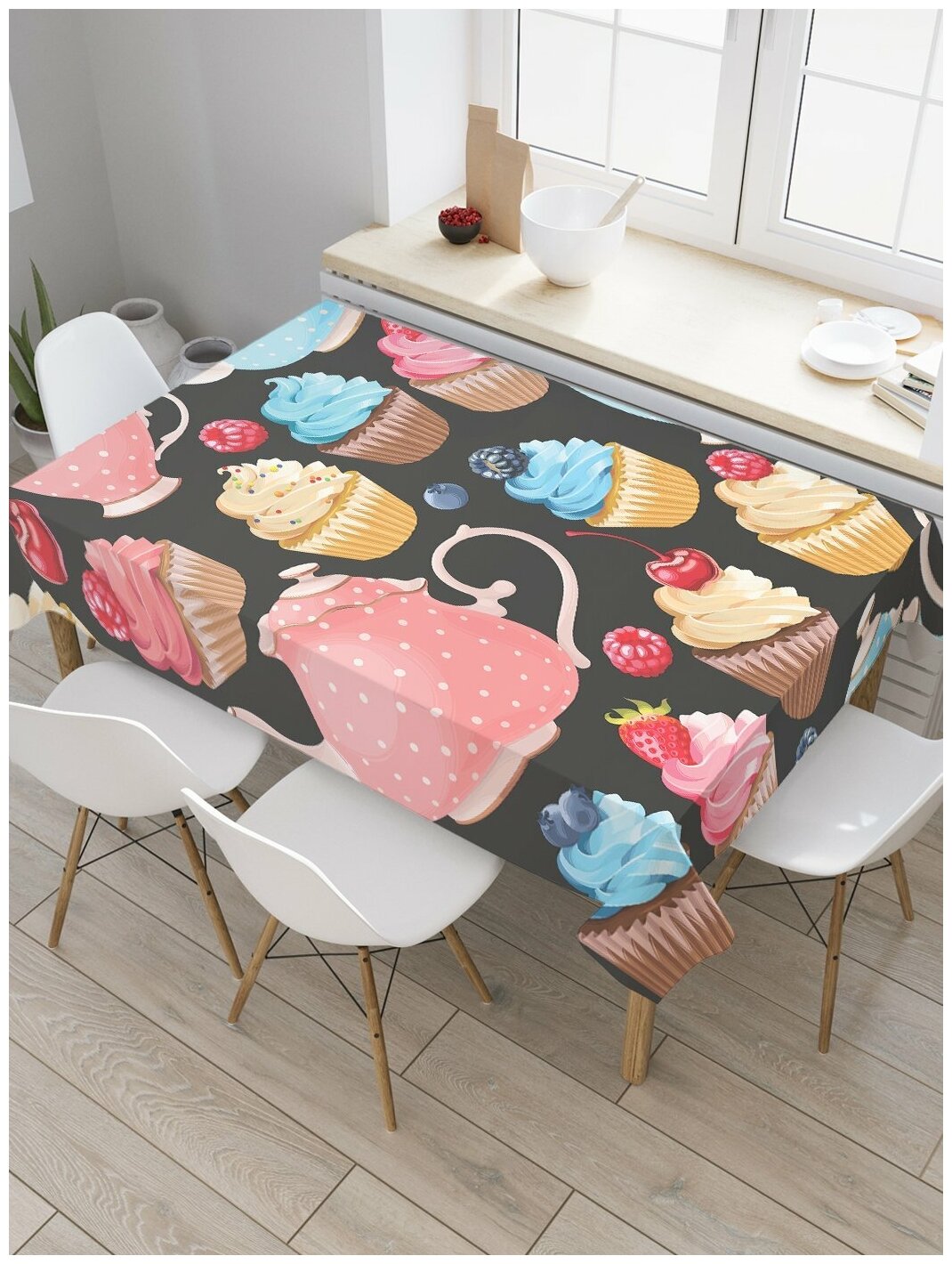 Скатерть прямоугольная JoyArty на кухонный стол "Пирожные с ягодами" из оксфорда, 180x145 см